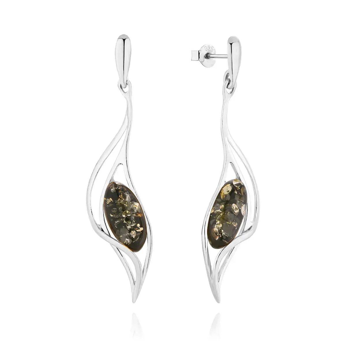 Długie kolczyki srebrne z zielonym bursztynem