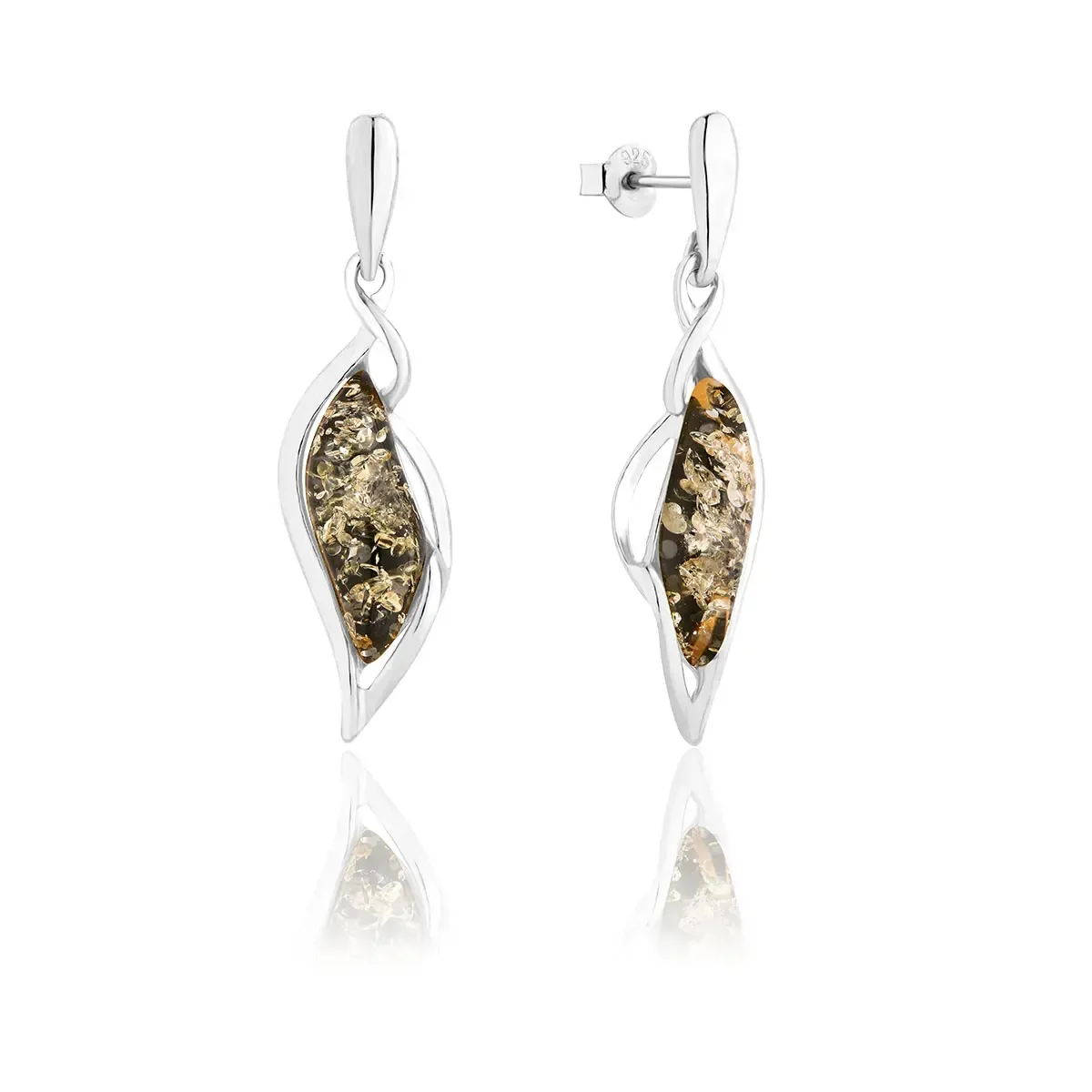 Kolczyki srebrne małe markizy z zielonym bursztynem