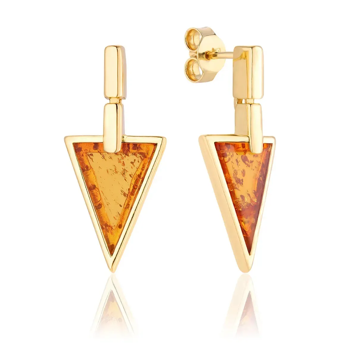 Kolczyki srebrne pozłacane z koniakowym bursztynem Arrow