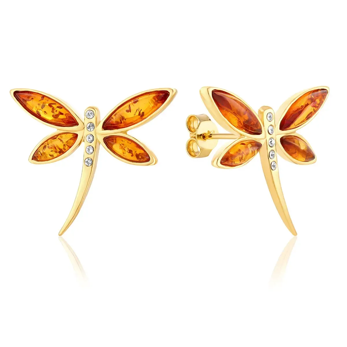Kolczyki srebrne pozłacane ważki z koniakowym bursztynem Daring Needle
