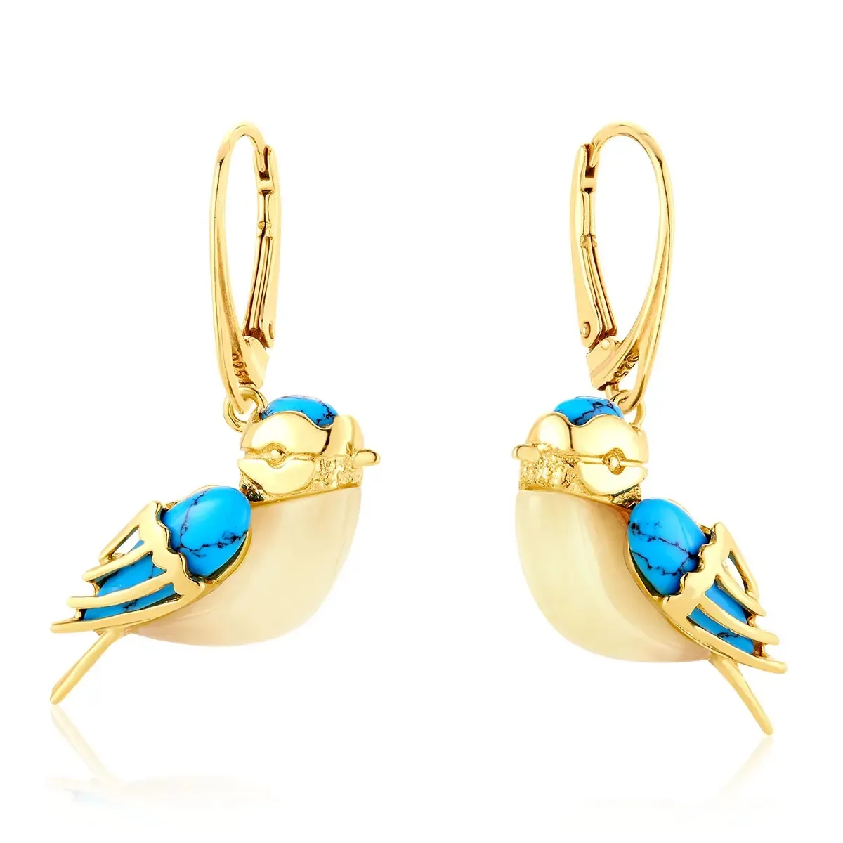 Kolczyki wiszące srebrne pozłacane ptaszki sikorki z mlecznym bursztynem