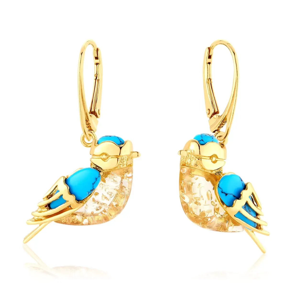 Kolczyki wiszące srebrne pozłacane ptaszki sikorki z cytrynowym bursztynem