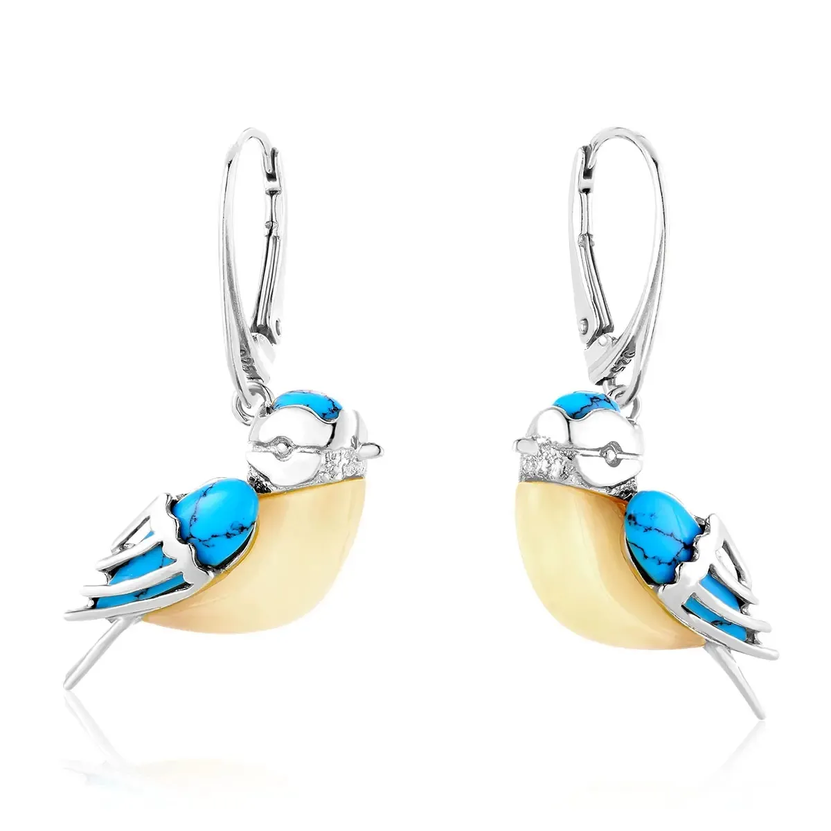 Kolczyki wiszące srebrne ptaszki sikorki z mlecznym bursztynem