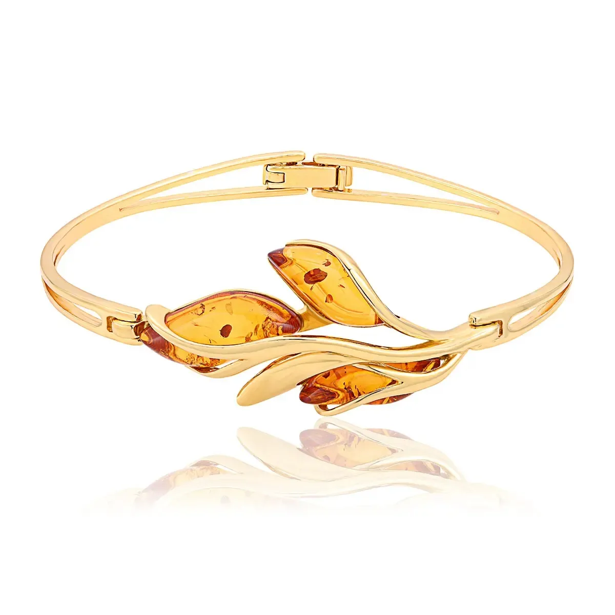 Bransoletka srebrna pozłacana z koniakowym bursztynem potrójna markiza