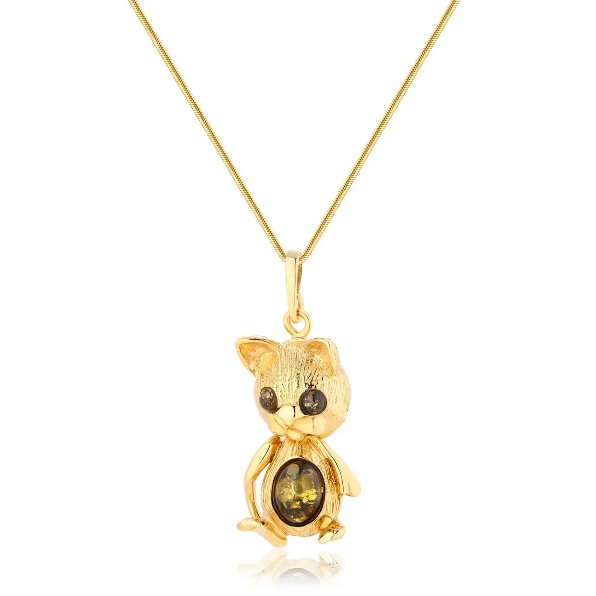 Zawieszka srebrna pozłacana kot zielonym bursztynem sweet kitty