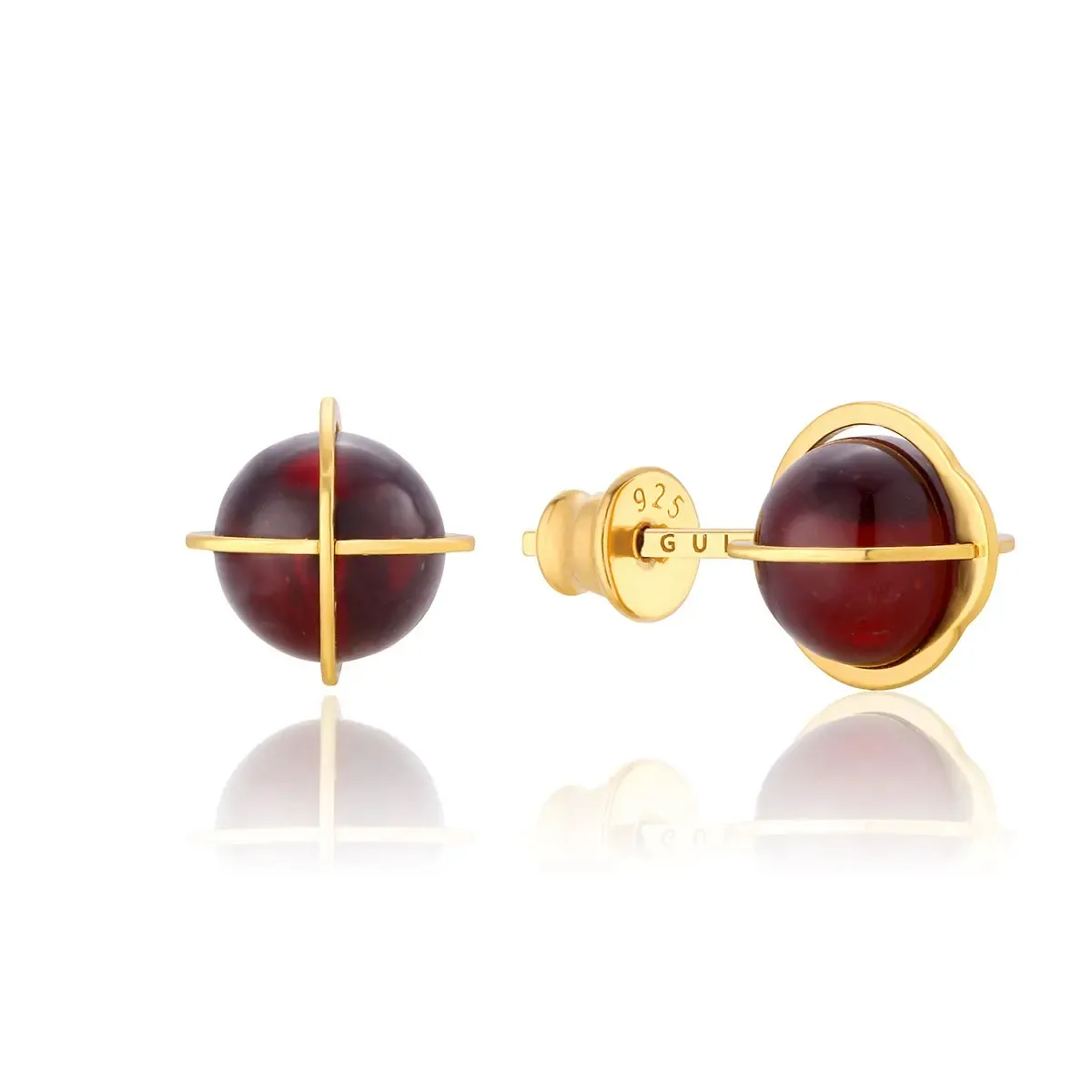 Kolczyki srebrne pozłacane z wiśniowym bursztynem kulki