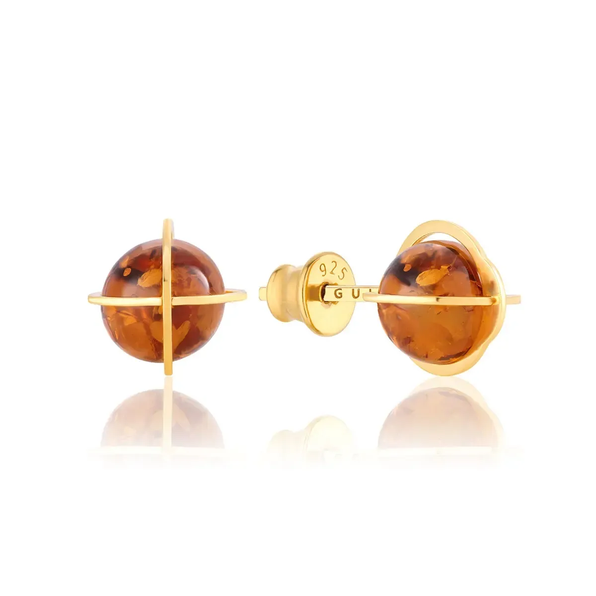 Kolczyki srebrne pozłacane z koniakowym bursztynem kulki
