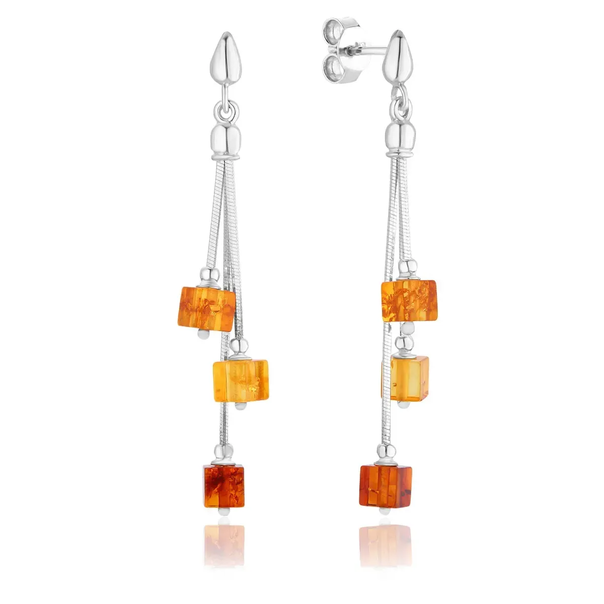 Kolczyki wiszące srebrne potrójne kostki z cieniowanym  bursztynem