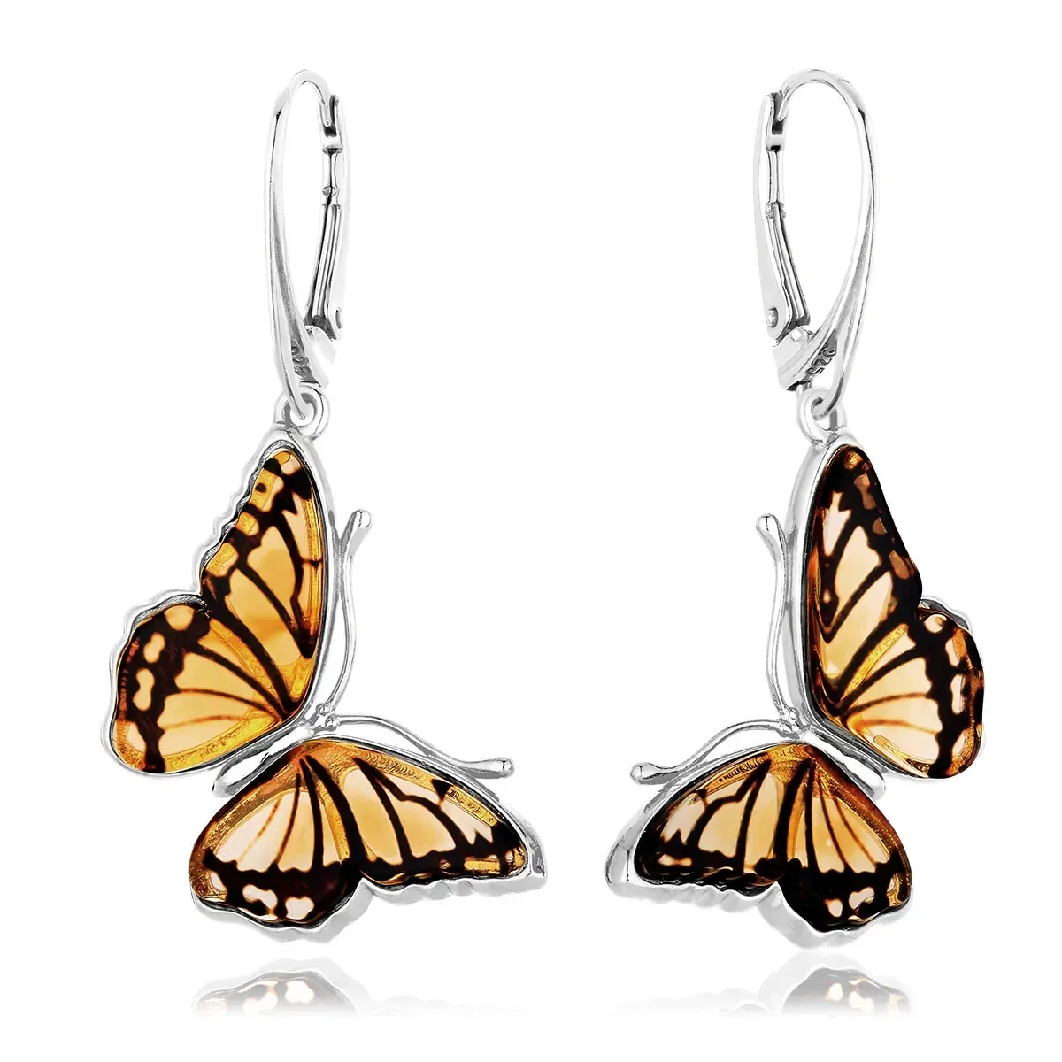 Kolczyki wiszące srebrne motyle z bursztynem Butterfly Kiss