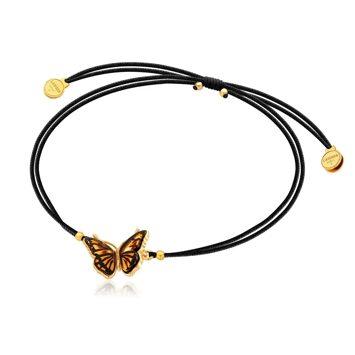 Bransoletka srebrna na czarnym sznurku motyl z bursztynem mini Butterfly Kiss