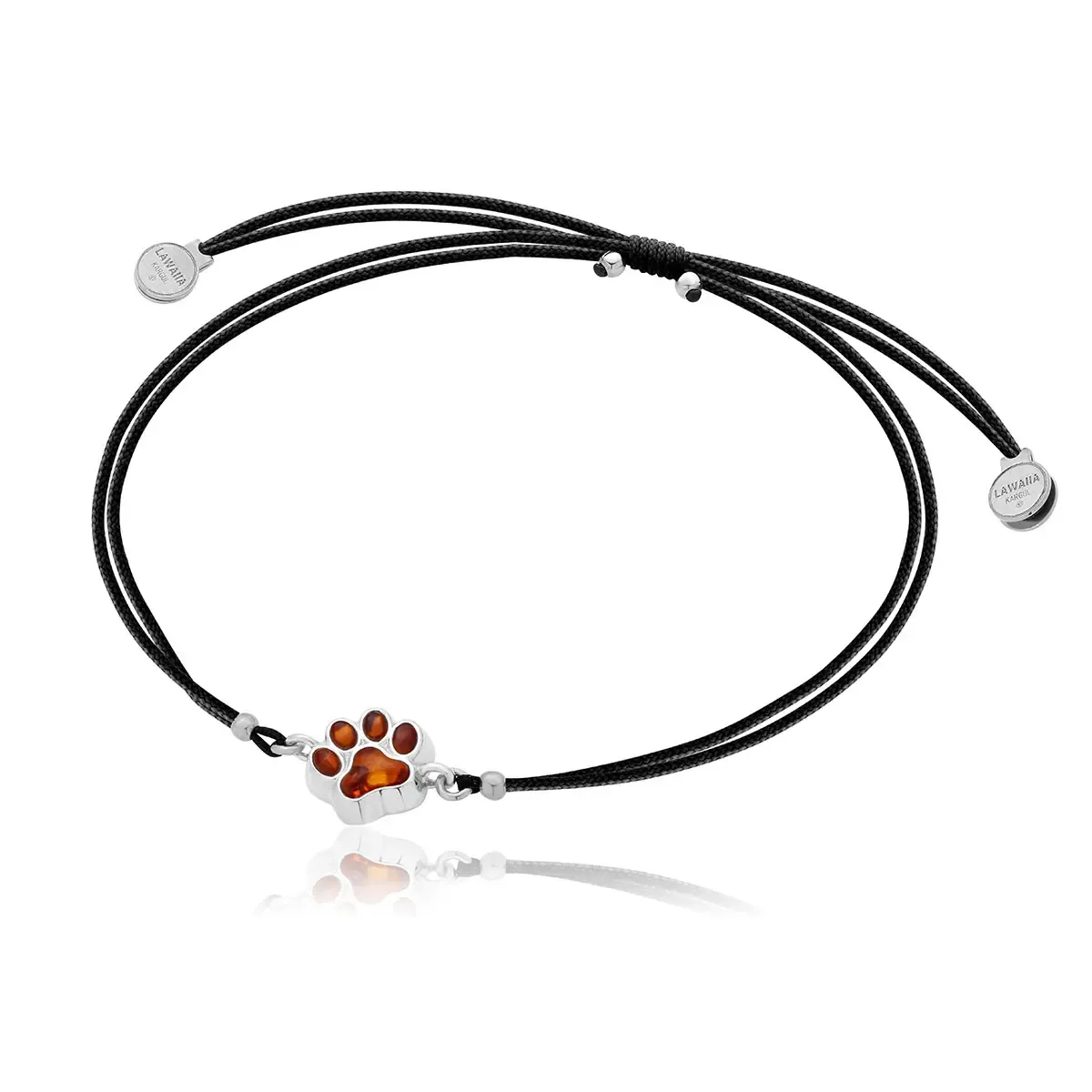 Bransoletka srebrna na czarnym sznurku mini łapka z koniakowym bursztynem