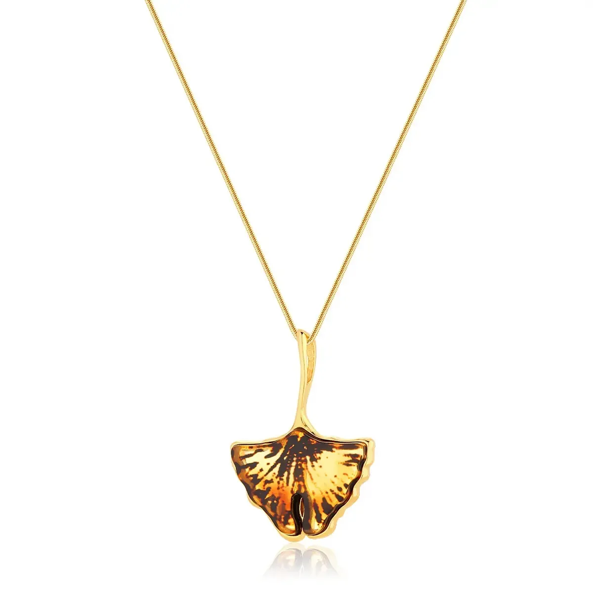 Zawieszka srebrna pozłacana liść miłorzębu z bursztynem mini Ginkgo Leaf