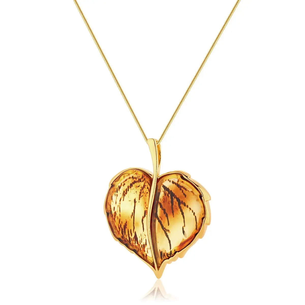 Zawieszka srebrna pozłacana liść lipy z bursztynem Big Linden Leaf