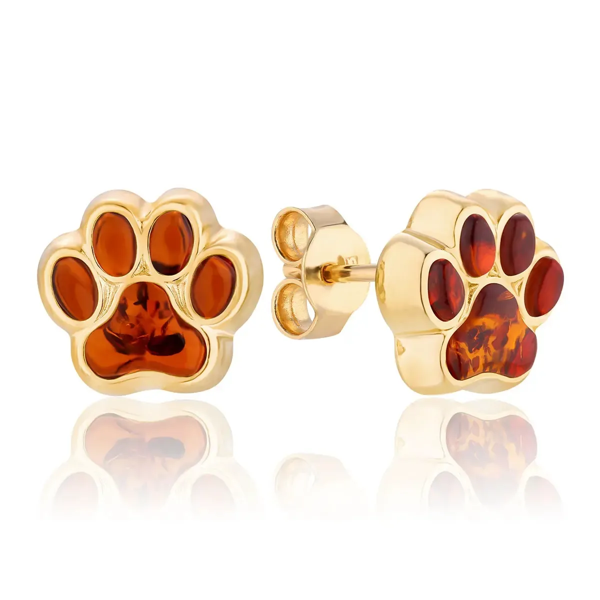 Kolczyki na sztyft srebrne pozłacane mini łapki z bursztynem - wiśniowy