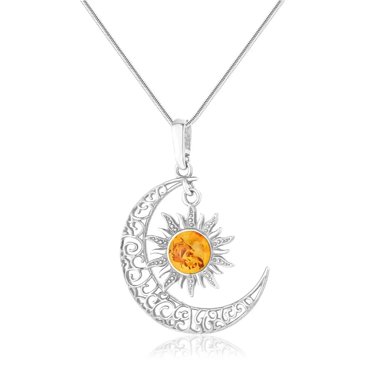 Zawieszka srebrna duże słońce i księżyc z bursztynem - mleczny