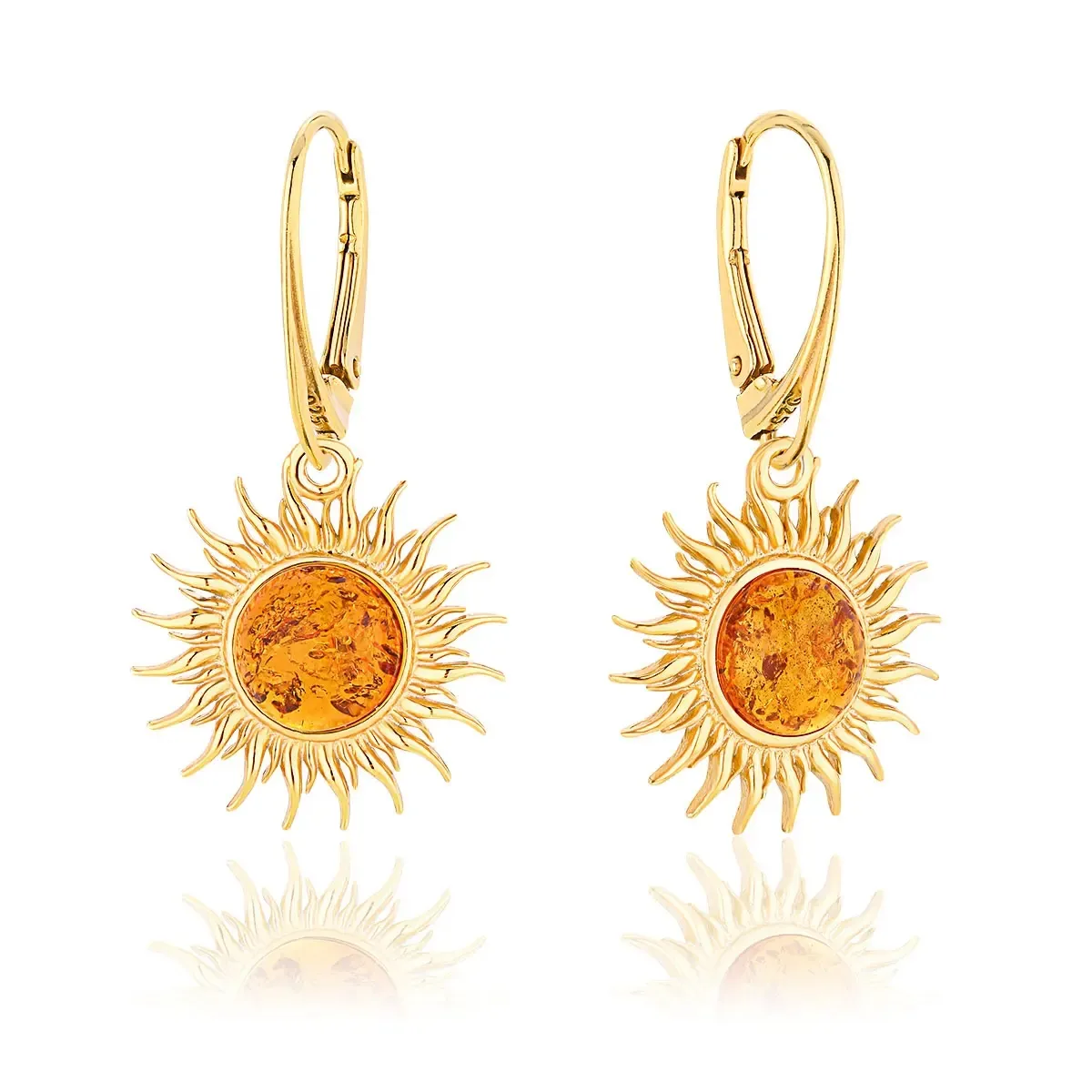 Kolczyki srebrne pozłacane słońca z bursztynem - mleczny