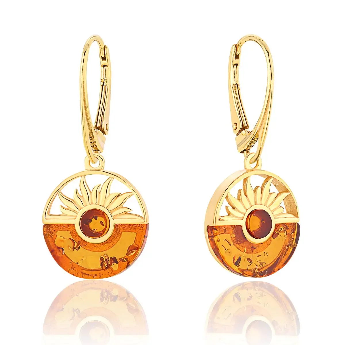 Kolczyki srebrne pozłacane słońca z bursztynem Sunrise - koniak z mlecznym