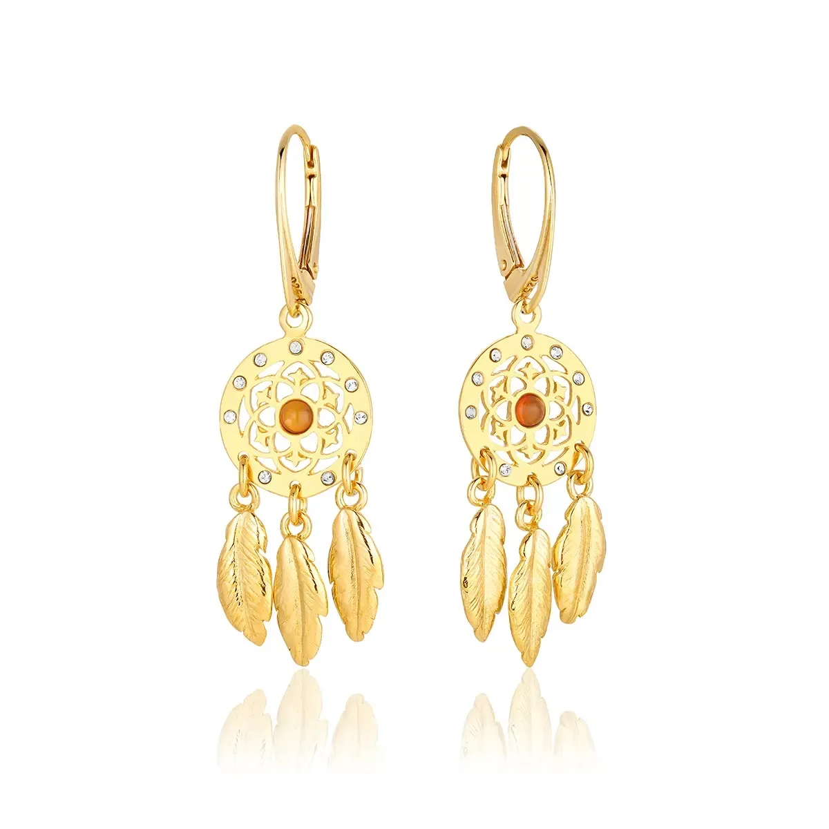 Kolczyki srebrne pozłacane z bursztynem łapacze snów - zielony