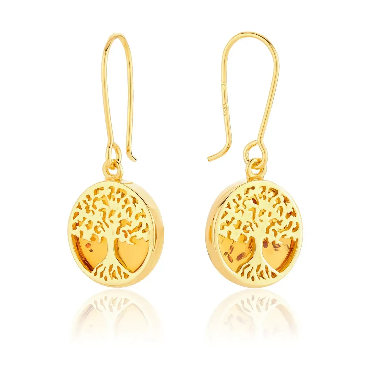 Kolczyki srebrne pozłacane drzewka życia z bursztynem Tree of Life - mleczny