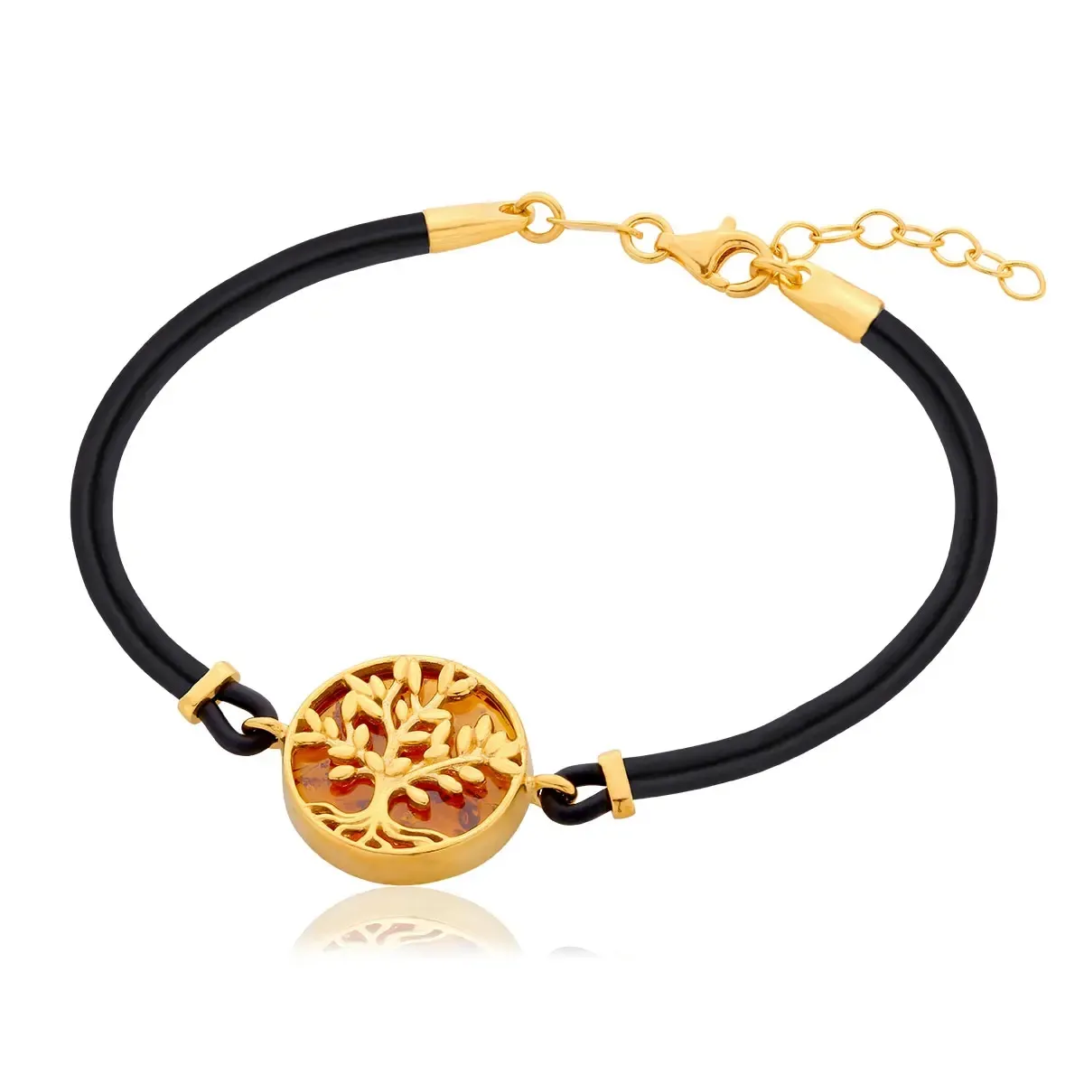 Bransoletka srebrna pozłacana drzewo oliwne z bursztynem Olive Tree - koniakowy