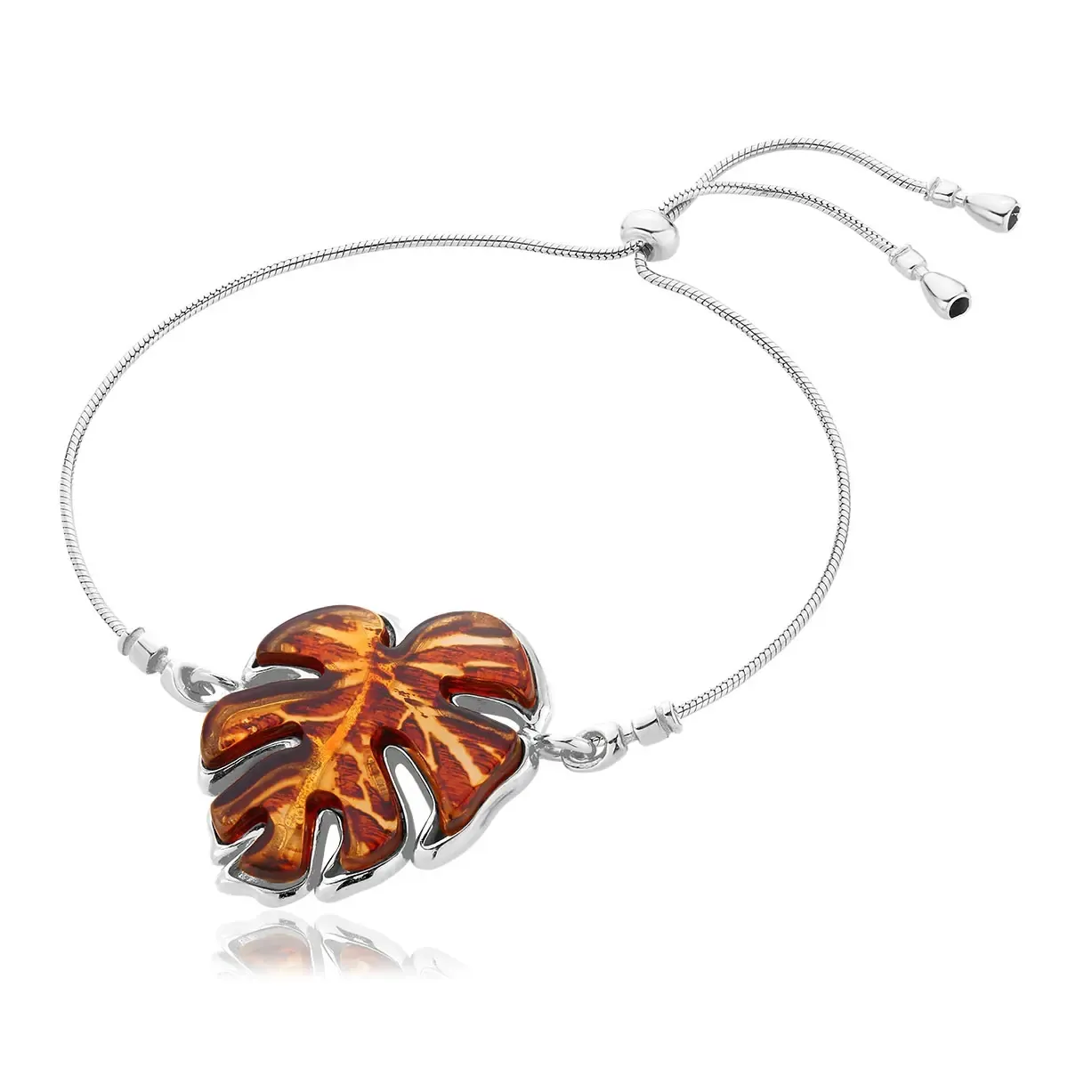 Bransoletka srebrna liść monstera z bursztynem Monstera