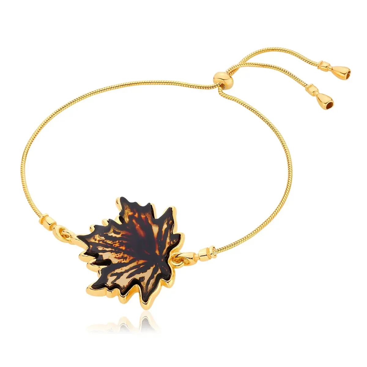 Bransoletka srebrna pozłacana liść klonu z bursztynem Maple Leaf