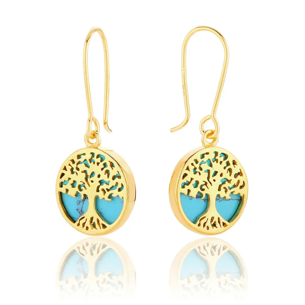 Kolczyki srebrne pozłacane drzewka życia z turkusem Tree of Life