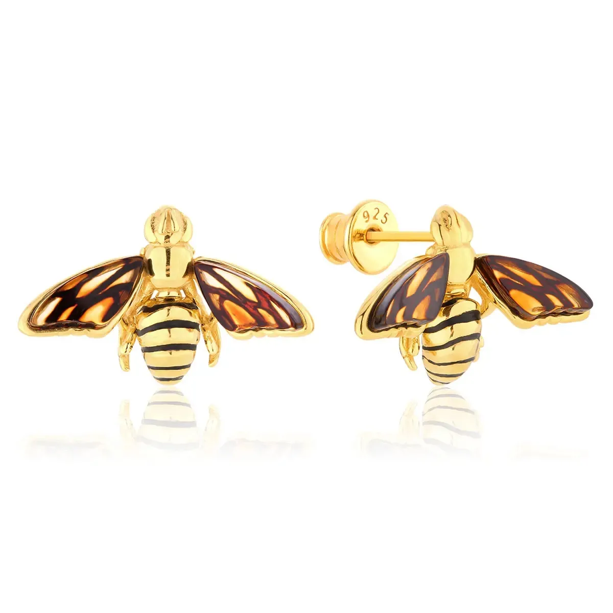 Kolczyki srebrne pozłacane pszczoły z bursztynem Bumblebees