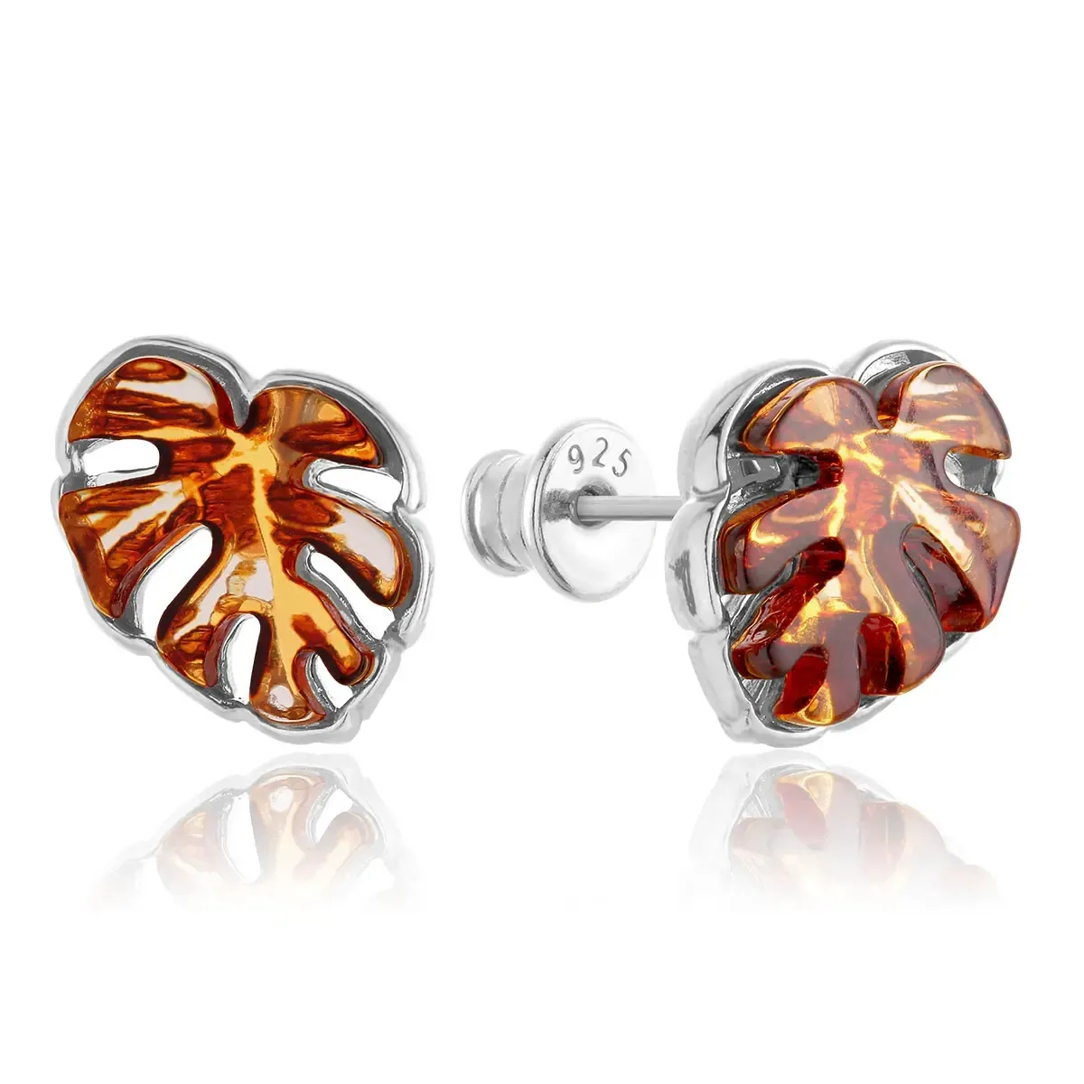 Kolczyki srebrne liście monstera z bursztynem Monstera