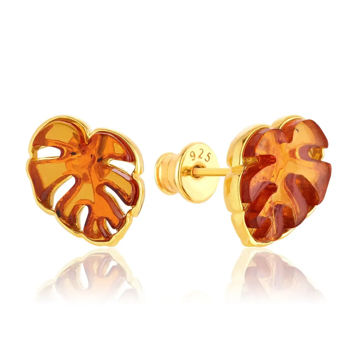 Kolczyki srebrne pozłacane liście monstera z koniakowym bursztynem Monstera