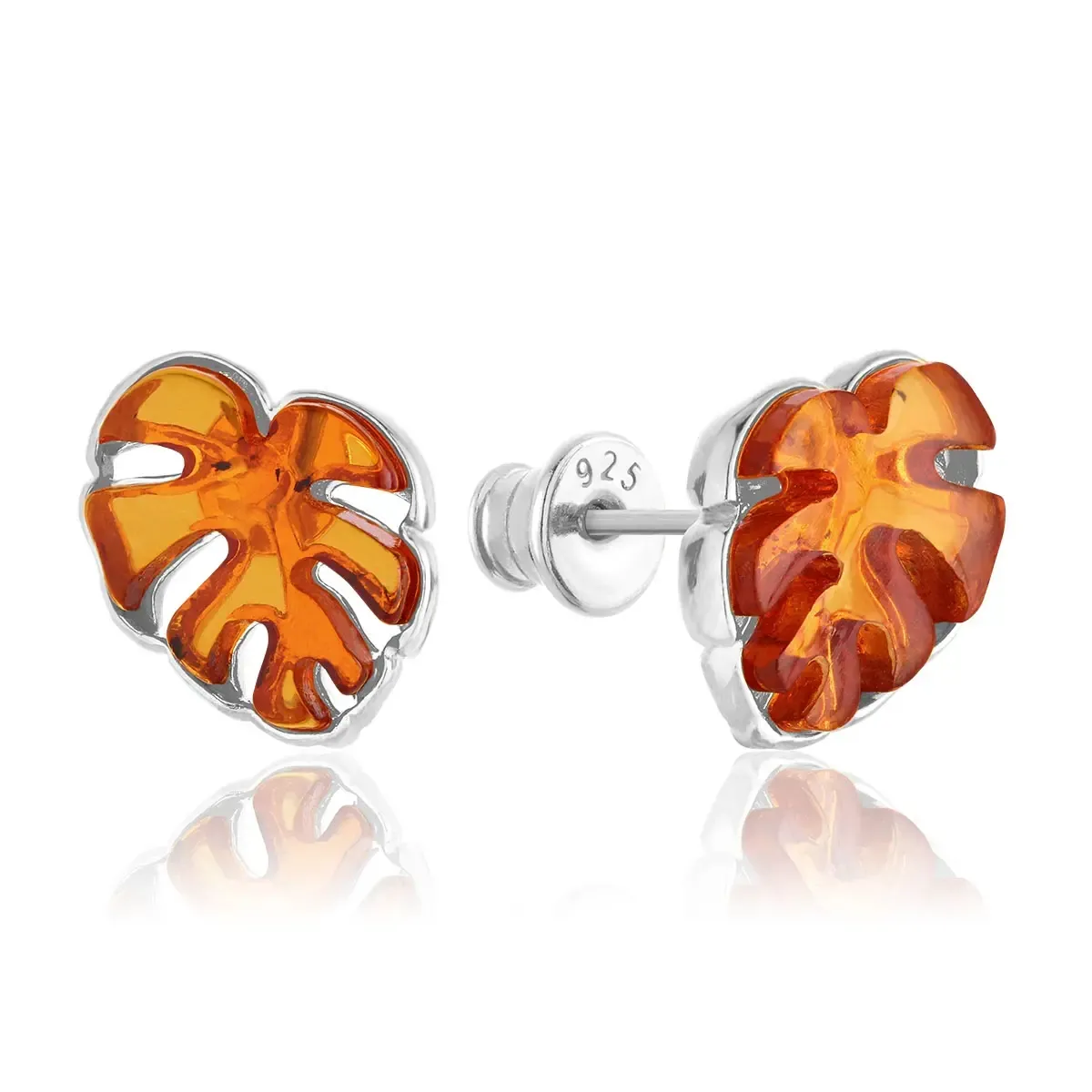 Kolczyki srebrne liście monstera z koniakowym bursztynem Monstera