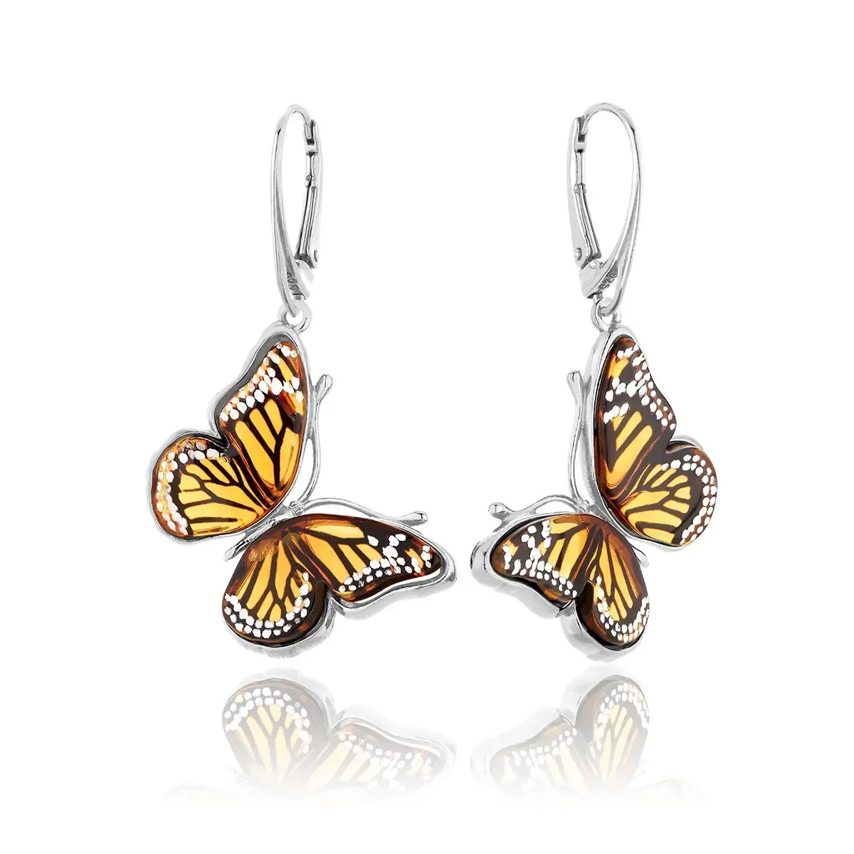 Kolczyki srebrne motyle z bursztynem bałtyckim Butterfly Monarch