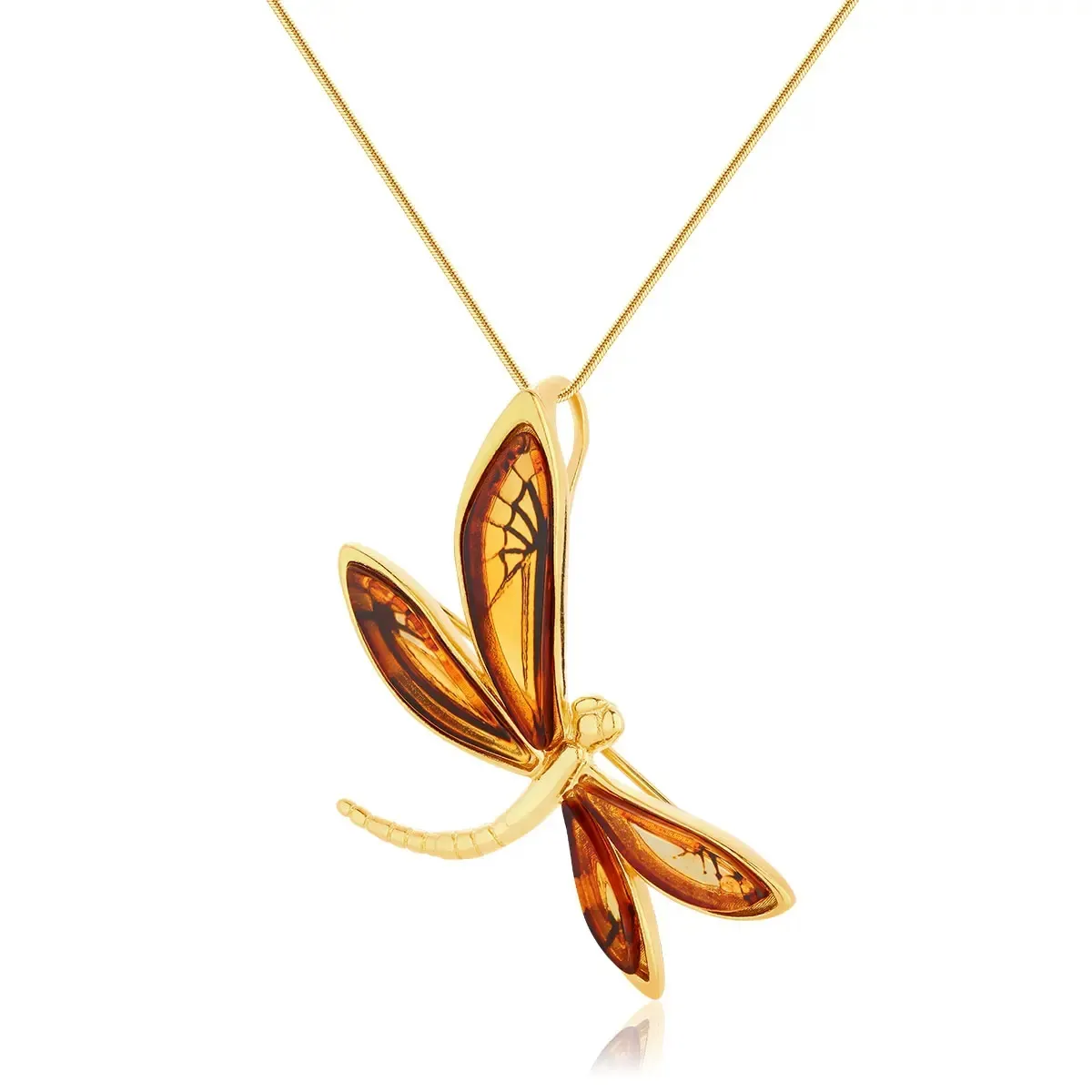 Zawieszka srebrna pozłacana ważka z bursztynem medium Dragonfly