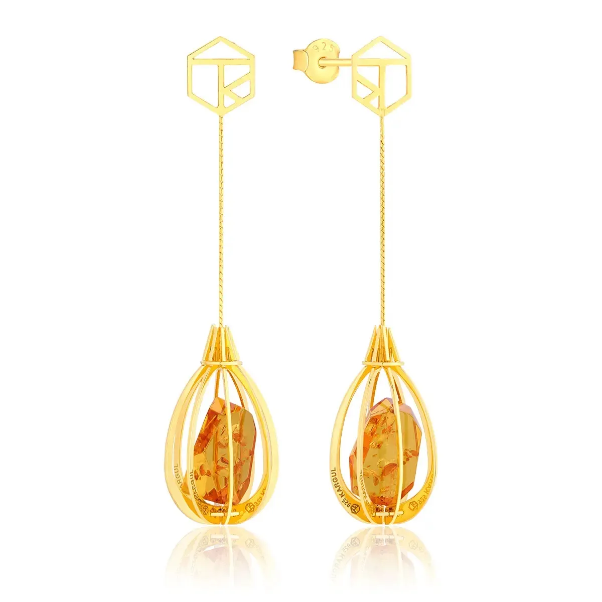 Kolczyki srebrne pozłacane z koniakowym bursztynem Blimp