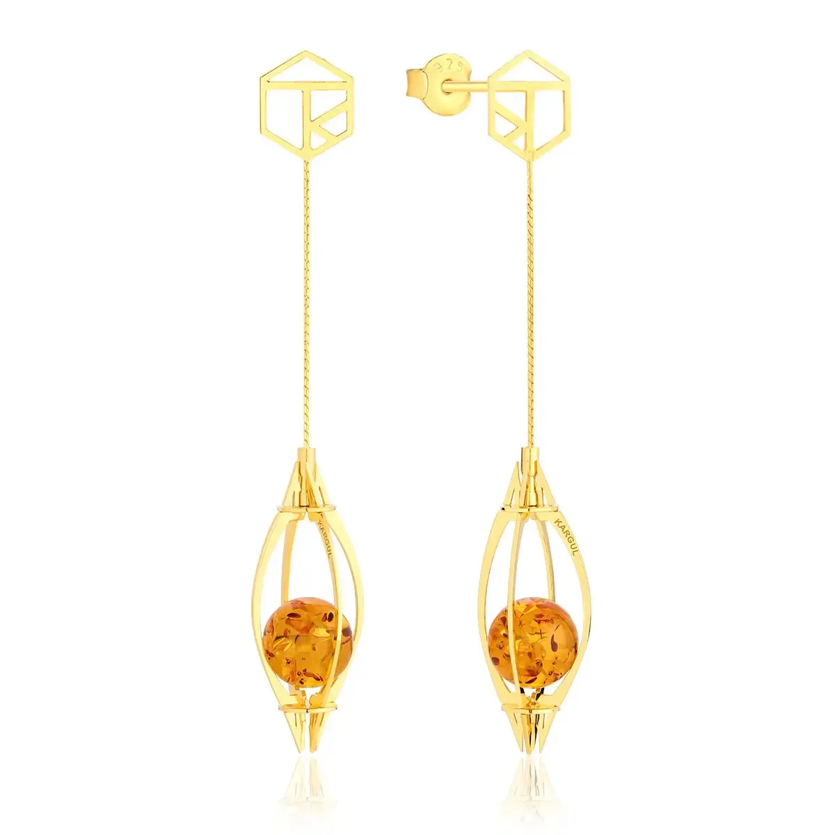 Kolczyki wiszące srebrne pozłacane z koniakowym bursztynem Qlka