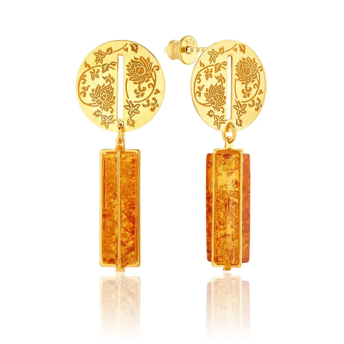 Kolczyki wiszące srebrne pozłacane z koniakowym bursztynem Mikro NO 2