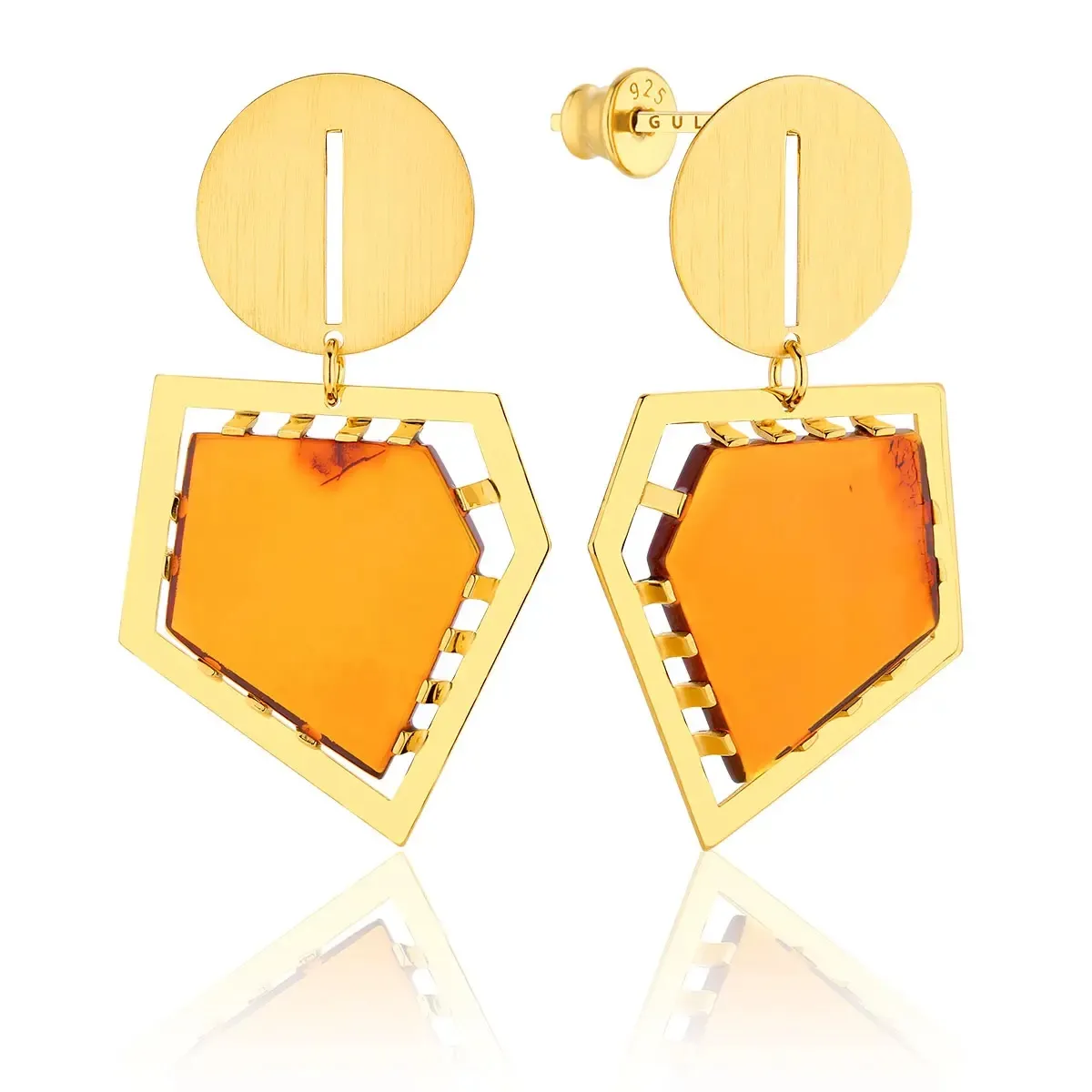 Kolczyki wiszące srebrne pozłacane z koniakowym bursztynem Polygon