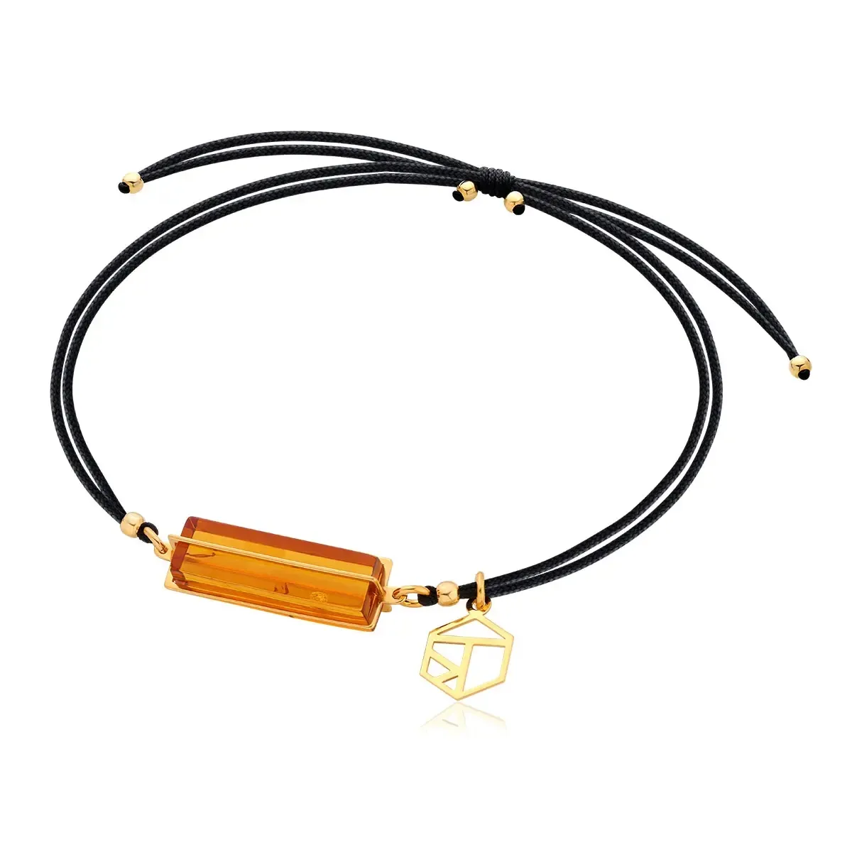 Bransoletka srebrna pozłacana z koniakowym bursztynem na czarnym sznurku Mikro
