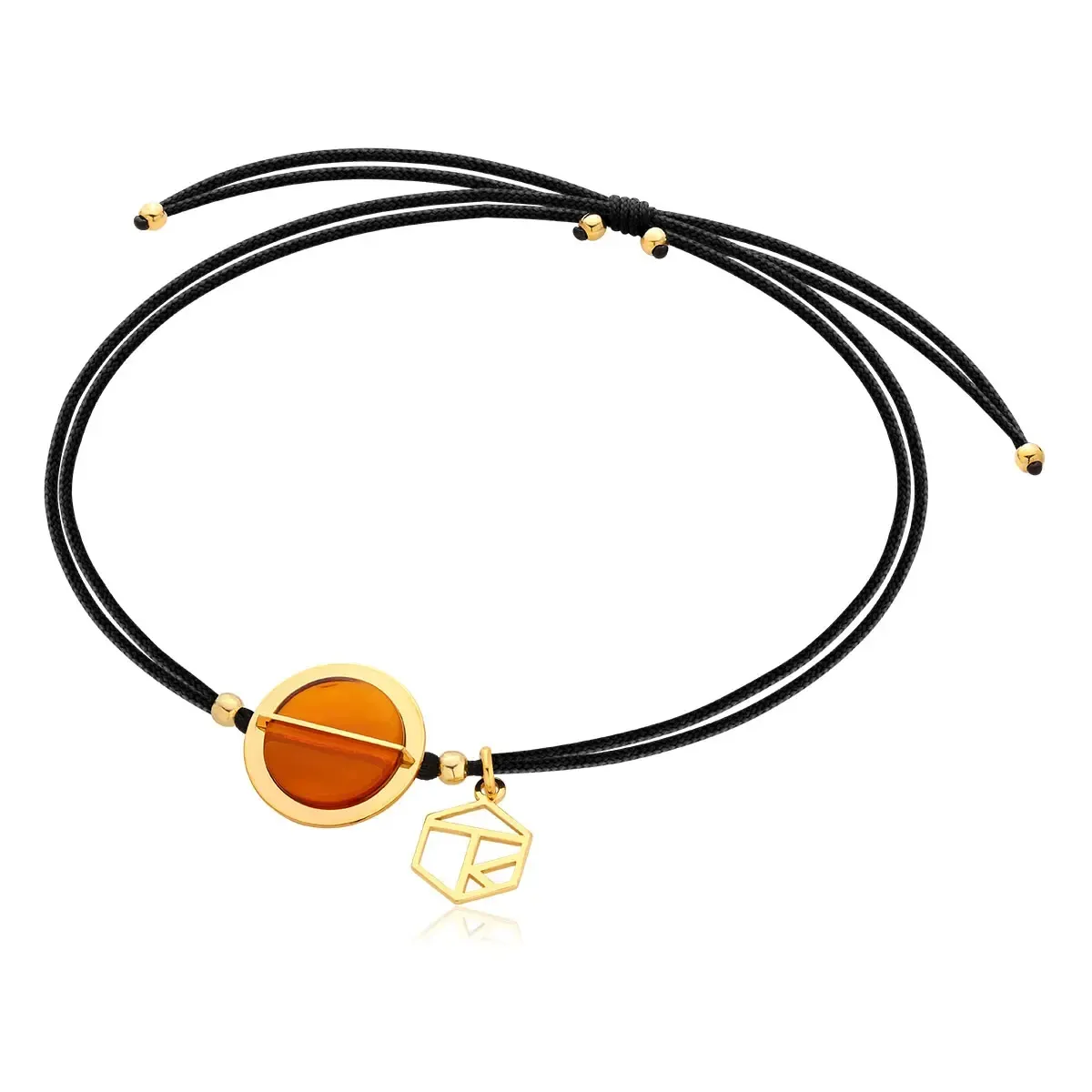 Bransoletka srebrna pozłacana z koniakowym bursztynem na czarnym sznurku Rondo