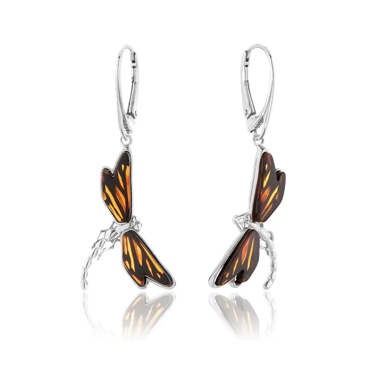 Kolczyki wiszące srebrne ważki z bursztynem Dragonfly