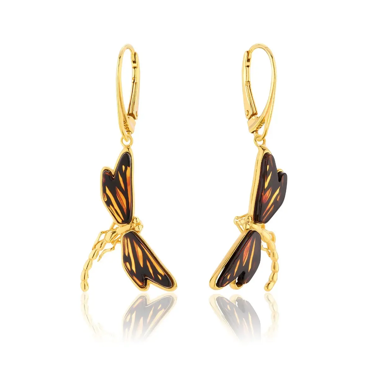 Kolczyki wiszące srebrne pozłacane ważki z bursztynem Dragonfly