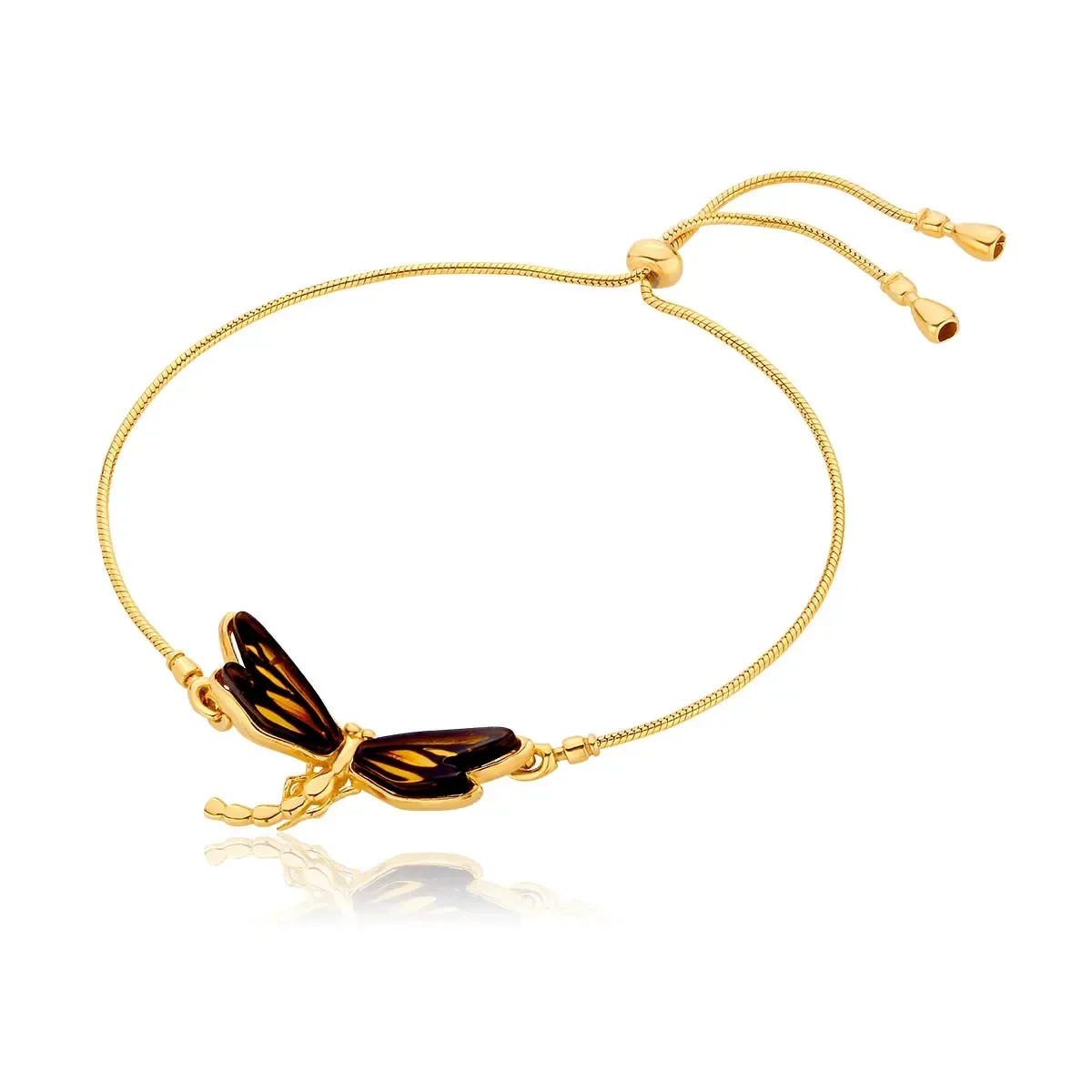 Bransoletka regulowana srebrna pozłacana ważka z bursztynem mini Dragonfly