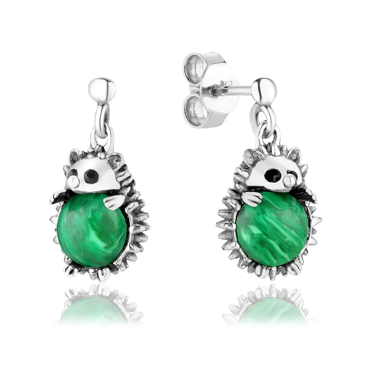 Kolczyki srebrne jeżyki z malachitem Hedgehogs