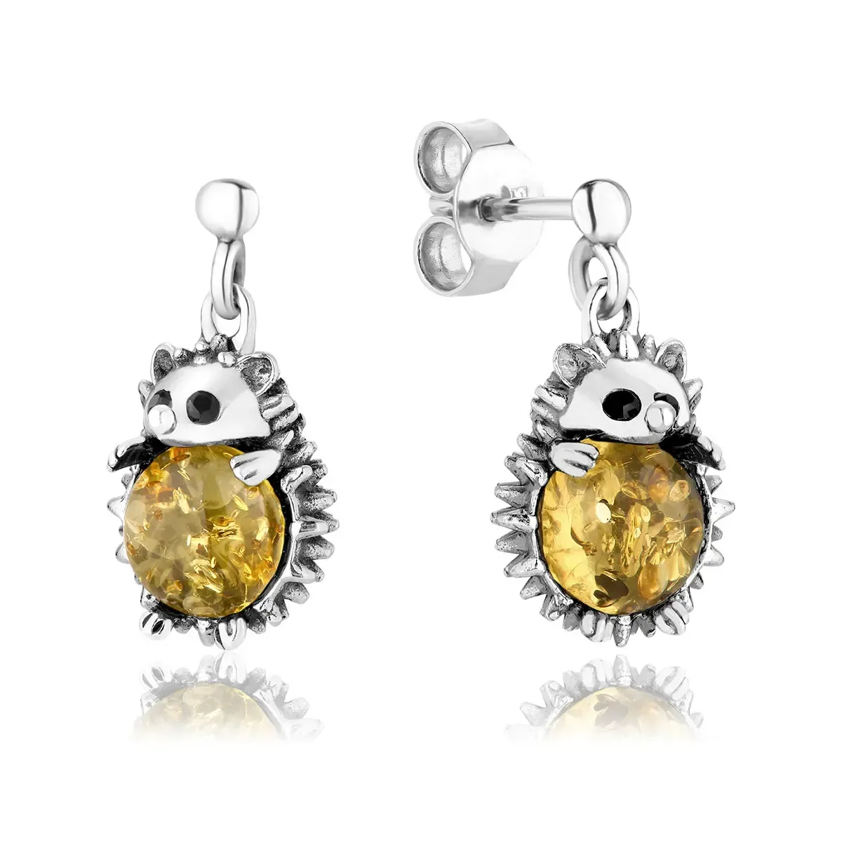 Kolczyki srebrne jeżyki z cytrynowym bursztynem Hedgehogs