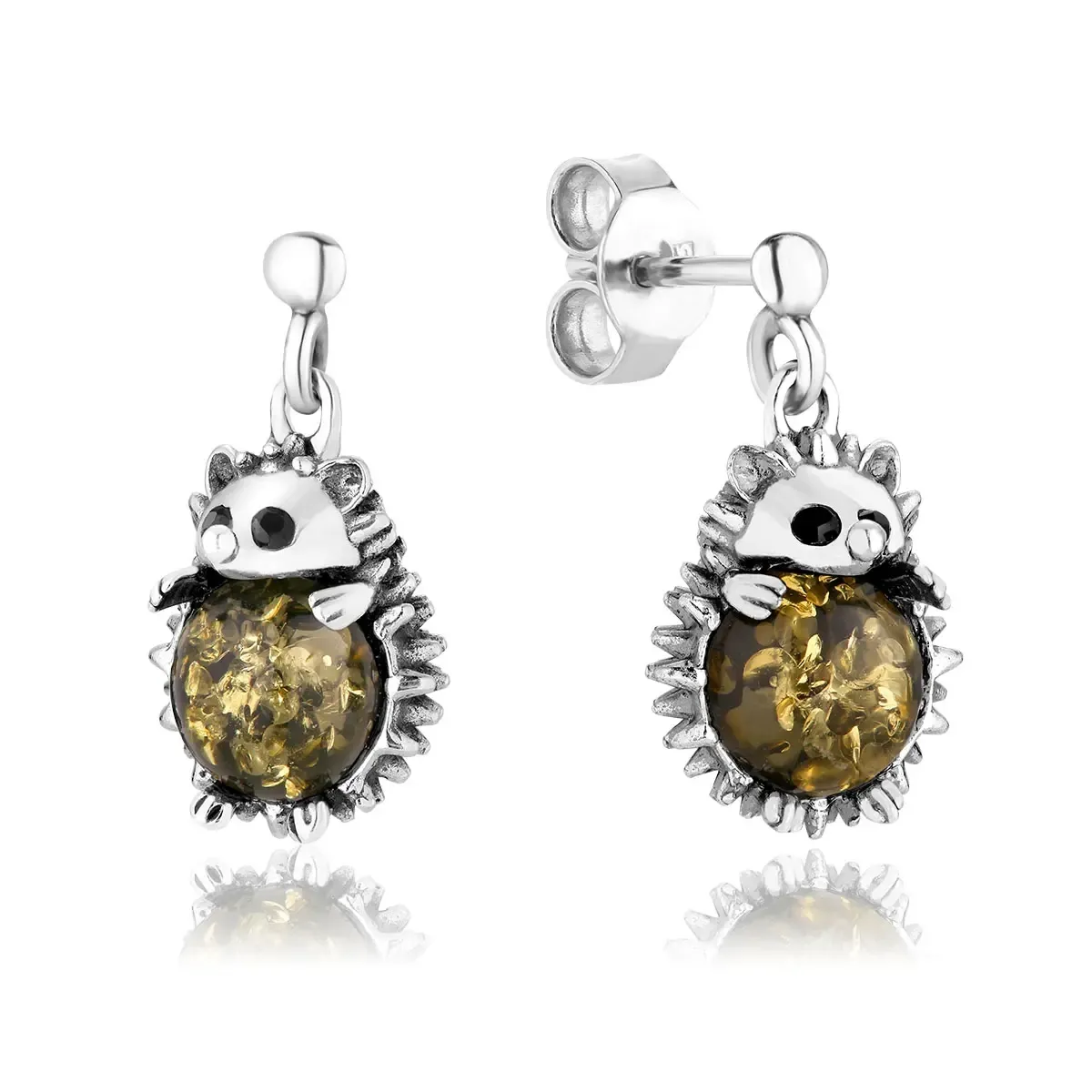 Kolczyki srebrne jeżyki z zielonym bursztynem Hedgehogs