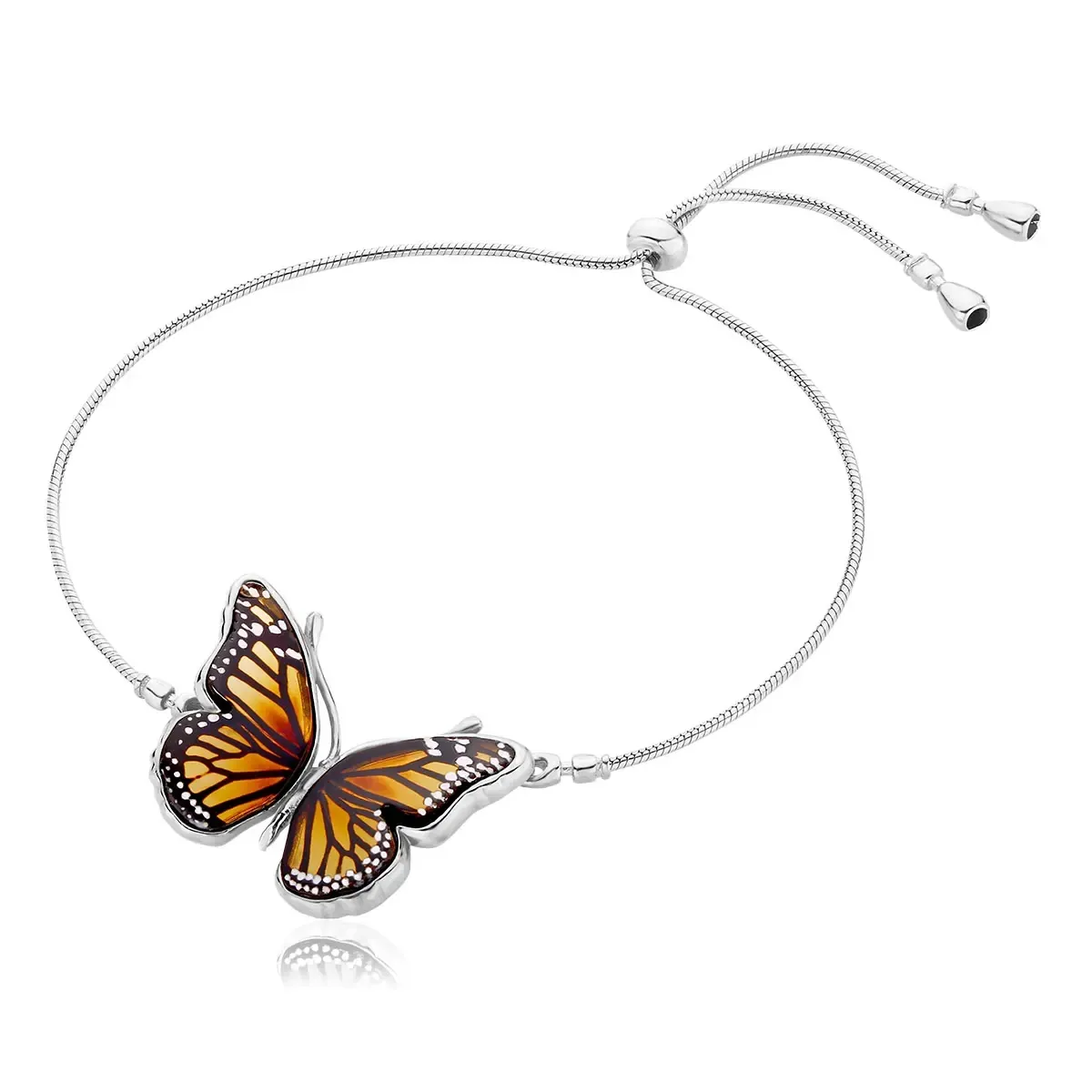 Bransoletka regulowana srebrna motyl z bursztynem bałtyckim Butterfly Monarch