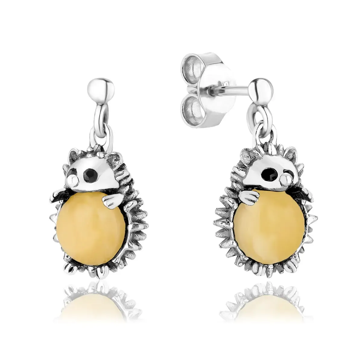 Kolczyki srebrne jeżyki z mlecznym bursztynem Hedgehogs