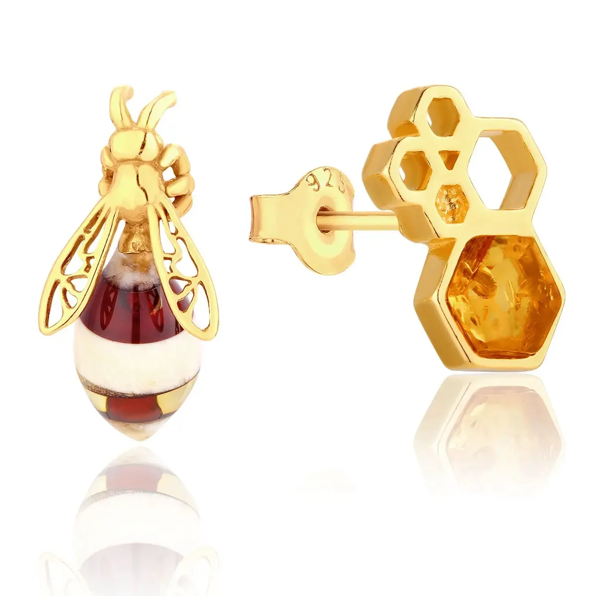 Kolczyki srebrne pozłacane pszczoły z bursztynem Honey Bee