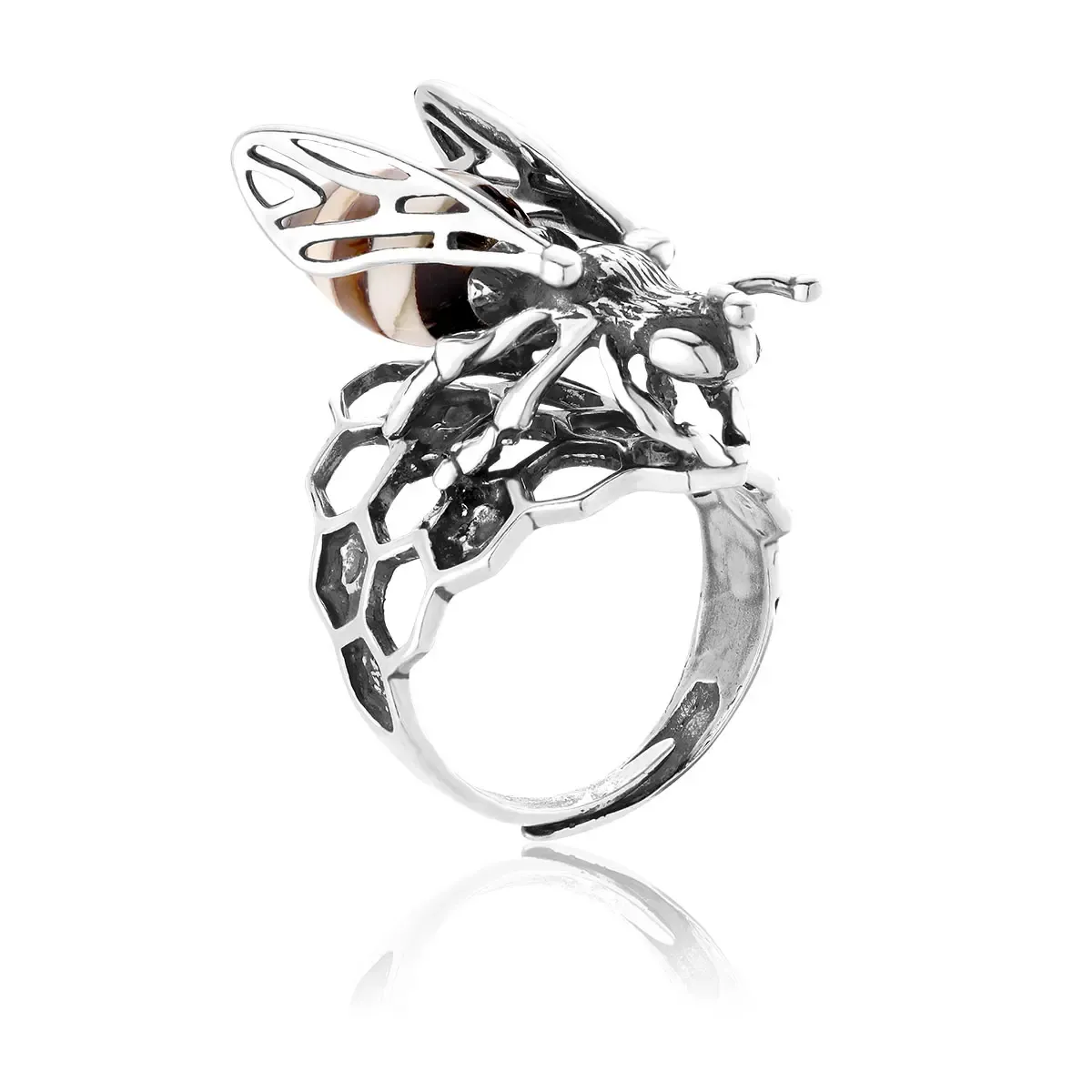 Pierścionek srebrny pszczoła z bursztynem Bee