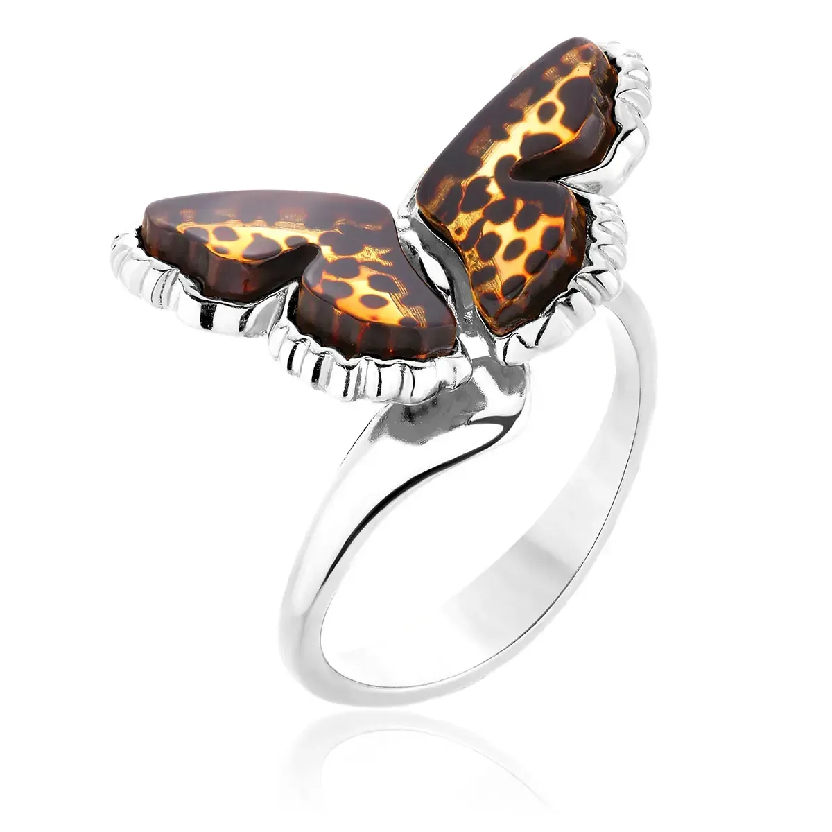 Pierścionek srebrny motyl z bursztynem Butterfly Rustle
